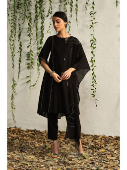 Charkhee - Black Chanderi Tie-Up Kurta with Pants and Dupatta (Set of 3)