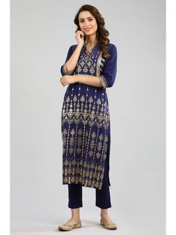 Aurelia - Blue Band Collar Printed kurta