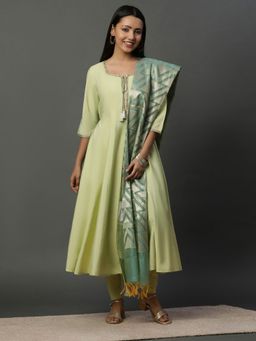 Aurelia - Green Flared Anarkali Kurta, Tights and Jacquard Dupatta (Set of 3)