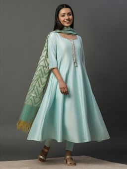 Aurelia - Blue Flared Anarkali Kurta, Tights and Jacquard Dupatta (Set of 3)
