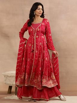 Aurelia - Pink Flared Jacqaurd Kurta, Palazzo and Dupatta (Set of 3)