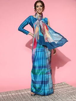 Akhilam - Women's Crepe Blue Digital Print Celebrity Saree with Unstitched Blouse