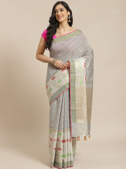 Indethnic - Banarasi Grey Woven Design Party Wear Saree With Unstitched Blouse