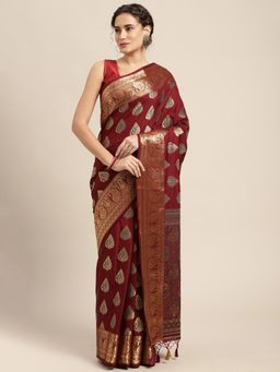 Mimosa - Women's Kanjivaram Art Silk Burgundy Saree with Unstitched Blouse