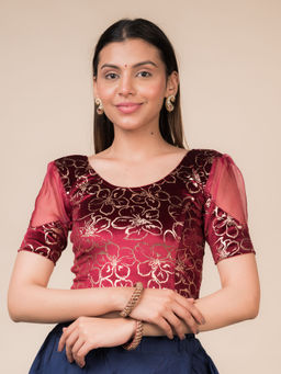 BINDIGASM'S ADVI - Kaanvi Velvet Rose Gold Floral Puff Sleeve Stretchable Stitched Blouse