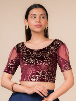 BINDIGASM'S ADVI - Kaanvi Velvet Rose Gold Floral Puff Sleeve Stretchable Stitched Blouse