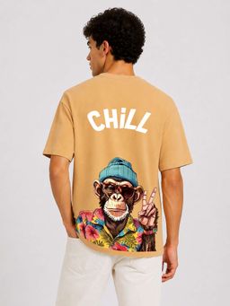 HAZUKU - Chill Men’S Graphic T-Shirt Beige Cool Monkey Back Print Tee