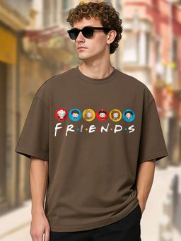 HAZUKU - Light Brown Six Friends Printed Oversized T-Shirt for Men