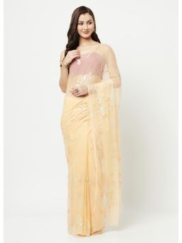 La Vastraa - Lemon Yellow Hand Painted Chiffon Saree With Unstitched Blouse