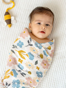 Cocoon Care - Bees Garden Print Bamboo Muslin Swaddle Blanket for Babies