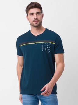 Spykar - Teal Blue Cotton Half Sleeve Plain Casual T-Shirt for Men