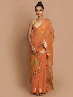 Indethnic - Banarasi Orange Printed Daily Wear Saree With Unstitched Blouse