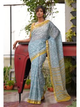 Unnati Silks - Grey Pure Hand Block Printed Kota Saree with Unstitched Blouse
