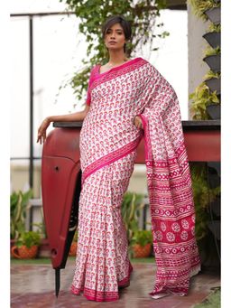 Unnati Silks - White Pink Pure Block Printed Soft Cotton Saree with Unstitched Blouse