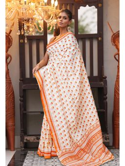 Unnati Silks - White Orange Pure Block Printed Soft Cotton Saree with Unstitched Blouse