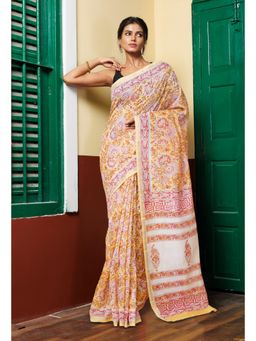 Unnati Silks - Pastel Orange Pure Hand Block Printed Chanderi Sico Saree with Unstitched Blouse