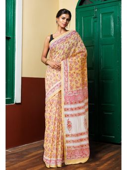 Unnati Silks - Pastel Orange Pure Hand Block Printed Chanderi Sico Saree with Unstitched Blouse