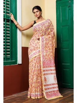 Unnati Silks - Pastel Orange Pure Hand Block Printed Chanderi Sico Saree with Unstitched Blouse