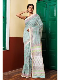 Unnati Silks - Turquoise Green Pure Hand Block Printed Chanderi Sico Saree with Unstitched Blouse