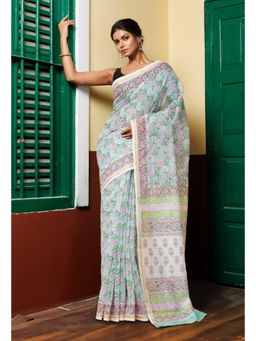Unnati Silks - Turquoise Green Pure Hand Block Printed Chanderi Sico Saree with Unstitched Blouse