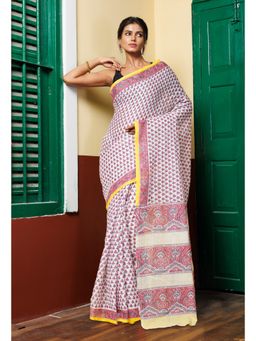 Unnati Silks - White Purple Pure Block Printed Mulmul Cotton Saree with Unstitched Blouse