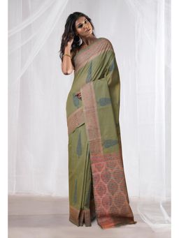 Unnati Silks - Green Pure Hand Block Printed Mangalgiri Cotton Saree with Unstitched Blouse