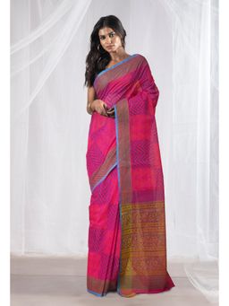 Unnati Silks - Pink Pure Hand Block Printed Mangalgiri Cotton Saree with Unstitched Blouse