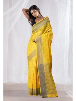 Unnati Silks - Yellow Pure Hand Block Printed Mangalgiri Cotton Saree with Unstitched Blouse