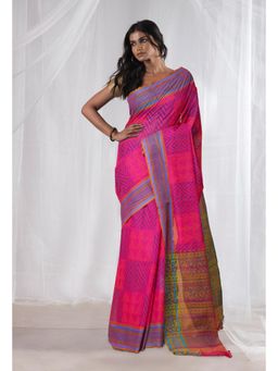 Unnati Silks - Pink Pure Hand Block Printed Mangalgiri Cotton Saree with Unstitched Blouse