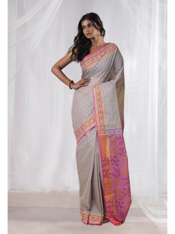 Unnati Silks - Grey Pure Hand Block Printed Mangalgiri Cotton Saree with Unstitched Blouse