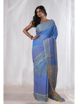 Unnati Silks - Blue Pure Hand Block Printed Mangalgiri Cotton Saree with Unstitched Blouse