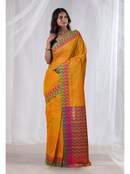 Unnati Silks - Mustard Yellow Pure Hand Block Printed Mangalgiri Cotton Saree with Unstitched Blouse