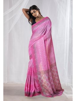 Unnati Silks - Pink Pure Hand Block Printed Mangalgiri Cotton Saree with Unstitched Blouse