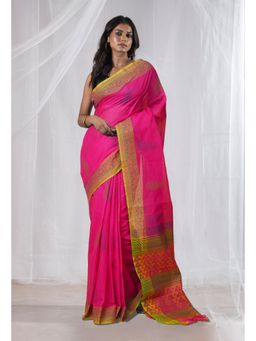 Unnati Silks - Pink Pure Hand Block Printed Mangalgiri Cotton Saree with Unstitched Blouse