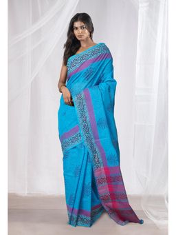 Unnati Silks - Blue Pure Hand Block Printed Mangalgiri Cotton Saree with Unstitched Blouse