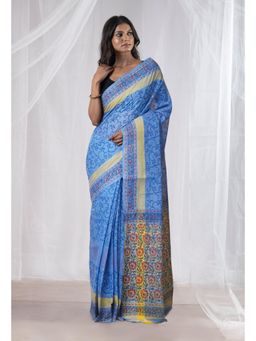 Unnati Silks - Blue Pure Hand Block Printed Mangalgiri Cotton Saree with Unstitched Blouse
