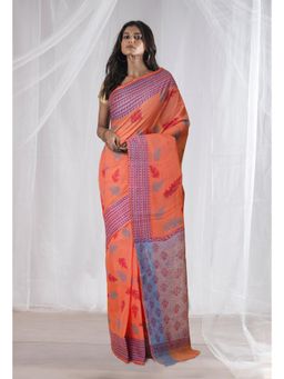 Unnati Silks - Orange Pure Hand Block Printed Mangalgiri Cotton Saree with Unstitched Blouse