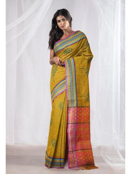 Unnati Silks - Mehndi Green Pure Hand Block Printed Mangalgiri Cotton Saree with Unstitched Blouse