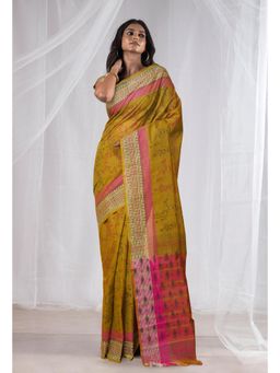 Unnati Silks - Mehndi Green Pure Hand Block Printed Mangalgiri Cotton Saree with Unstitched Blouse
