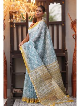 Unnati Silks - Grey Pure Hand Block Printed Kota Saree with Unstitched Blouse