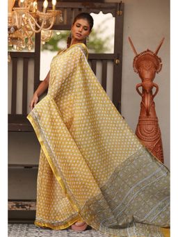 Unnati Silks - Yellow Pure Hand Block Printed Kota Saree with Unstitched Blouse