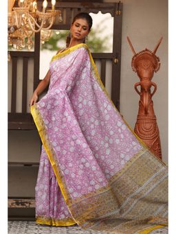 Unnati Silks - Purple Pure Hand Block Printed Kota Saree with Unstitched Blouse