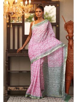 Unnati Silks - Pink Pure Hand Block Printed Kota Saree with Unstitched Blouse