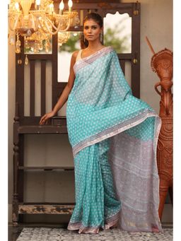 Unnati Silks - Blue Pure Hand Block Printed Kota Saree with Unstitched Blouse