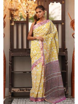 Unnati Silks - Yellow Pure Hand Block Printed Kota Saree with Unstitched Blouse