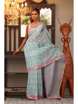 Unnati Silks - Green Pure Hand Block Printed Kota Saree with Unstitched Blouse