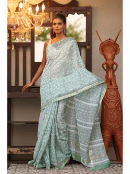 Unnati Silks - Green Pure Hand Block Printed Kota Saree with Unstitched Blouse