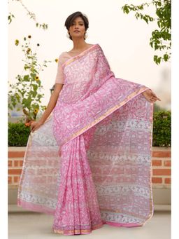 Unnati Silks - Pink Pure Hand Block Printed Kota Saree with Unstitched Blouse