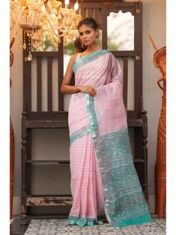 Unnati Silks - Pink Pure Hand Block Printed Kota Saree with Unstitched Blouse