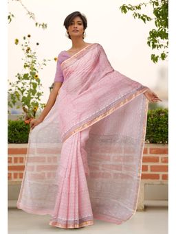 Unnati Silks - Pink Pure Hand Block Printed Kota Saree with Unstitched Blouse